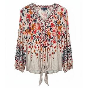 Democracy Womens M Boho Floral Bloomcore Peasant‎ Tie Front Long Sleeve Blouse